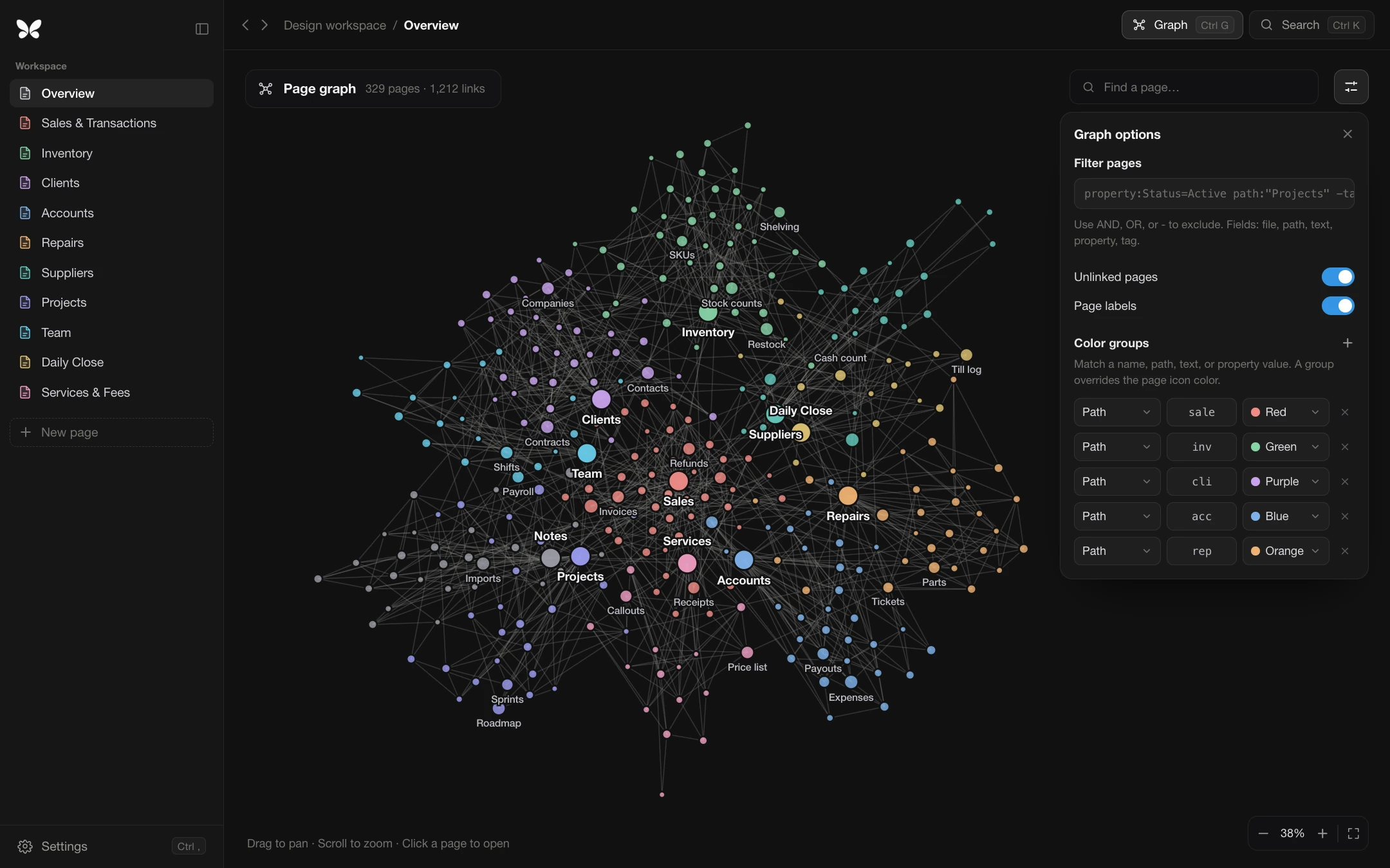 The Max desktop app showing a workspace as a graph of linked pages, with colour groups and filters open